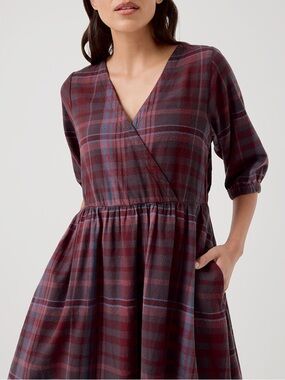 Pact Fireside Flannel Crossover Dress Eggplant Plaid Size Small Organic Cotton
